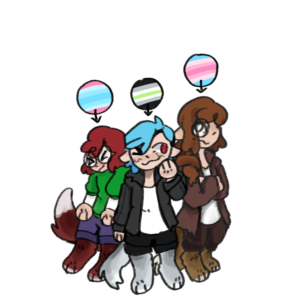 a drawing of vampires SMP shelby, scott, and drift as werewolves. they all have pride flags above their heads: shelby has the transmasc flag, scott has the agender flag, and drift has the transfem flag.